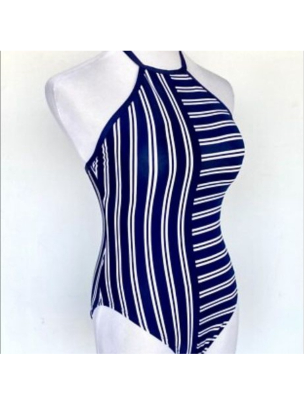 Nautica NWT High Neck Mixed Stripe One Piece Swimsuit Navy Blue & White Sz L